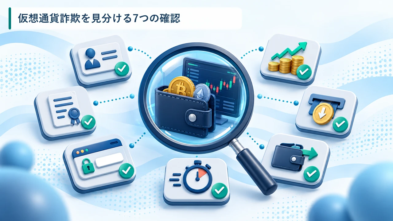 仮想通貨詐欺を見分ける7つの確認項目を示す図