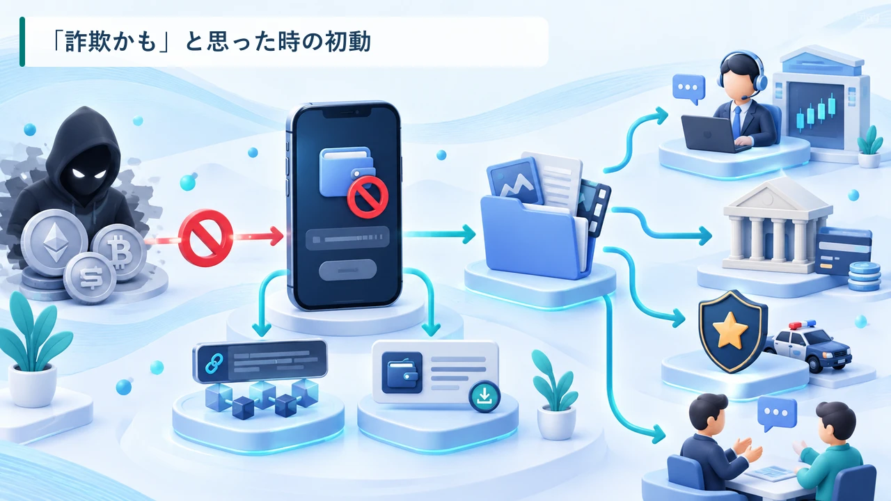 仮想通貨詐欺を疑った時の送金停止・証拠保存・連絡先を示す図