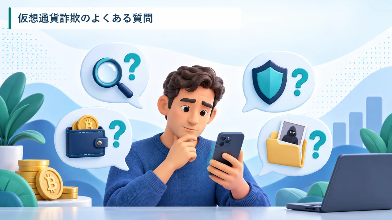 仮想通貨詐欺のよくある質問と確認方法を示す図