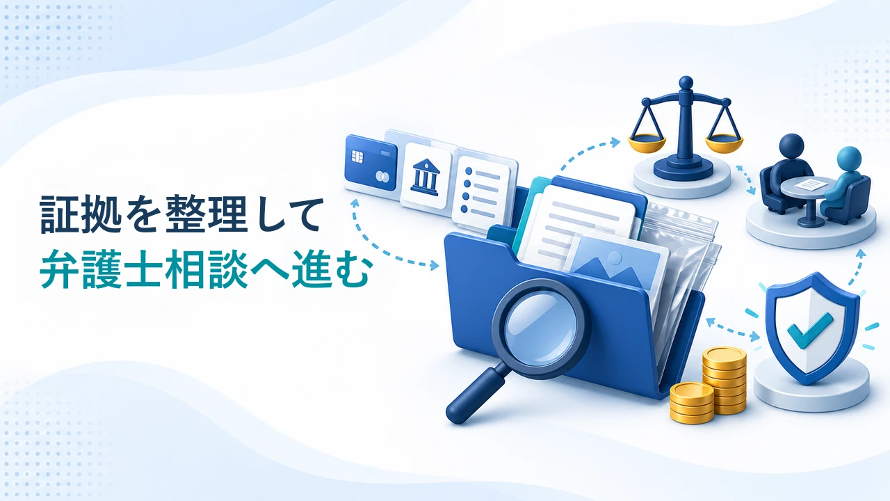 証拠整理から弁護士相談へ進む流れを示す図