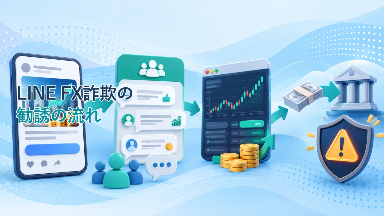 LINEのFX投資詐欺でよくある勧誘の流れを示す図