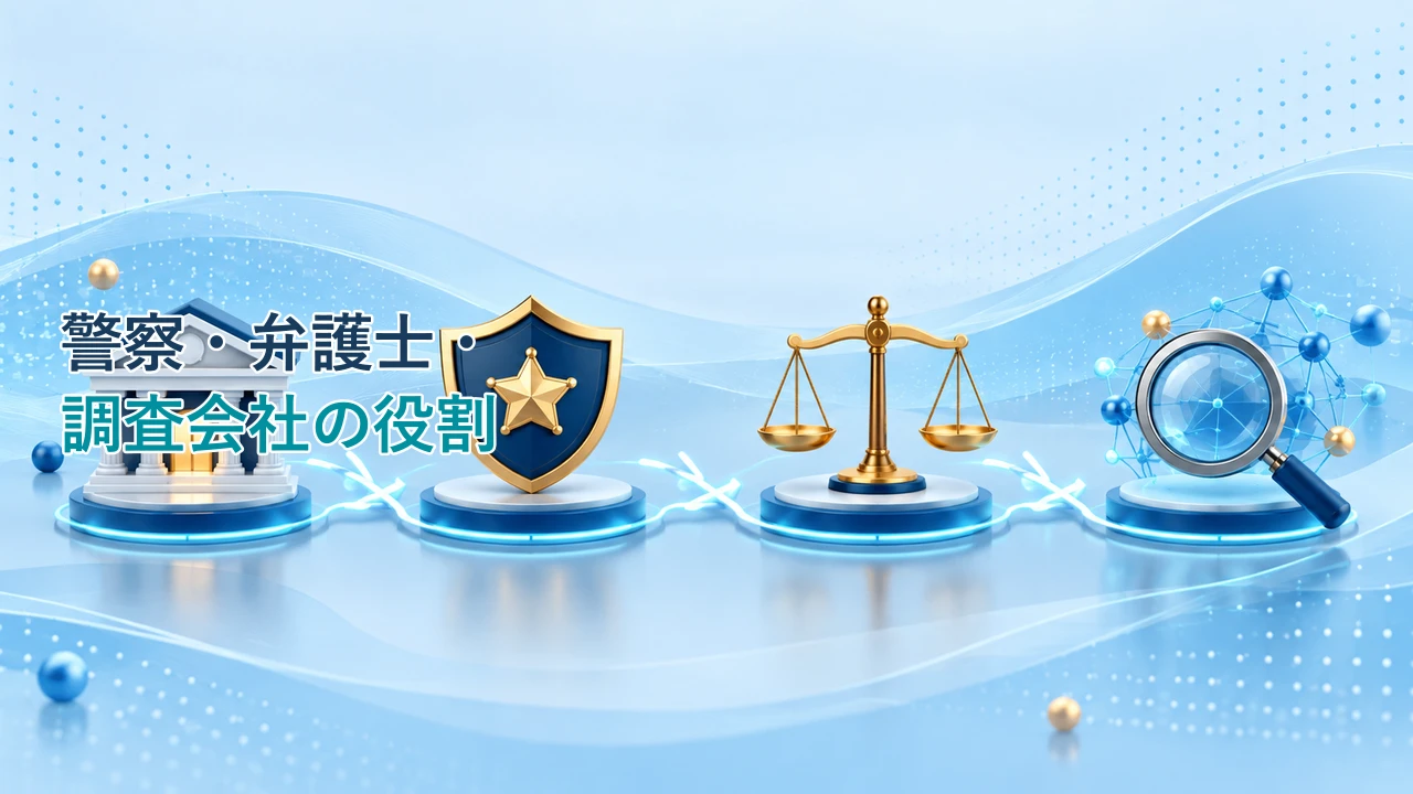 警察・金融機関・弁護士・調査会社の役割を示す図