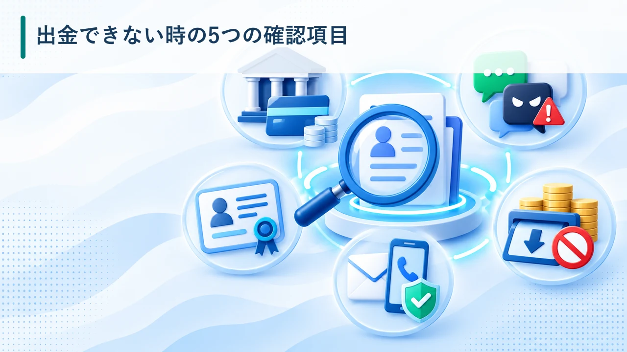 出金できない時の5つの確認項目を示す図