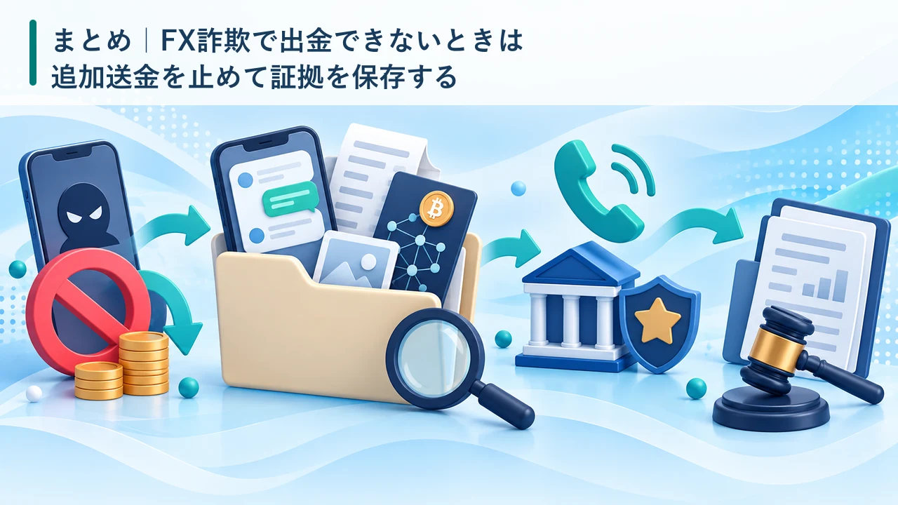 FX詐欺で出金できないときの対応まとめを示す図