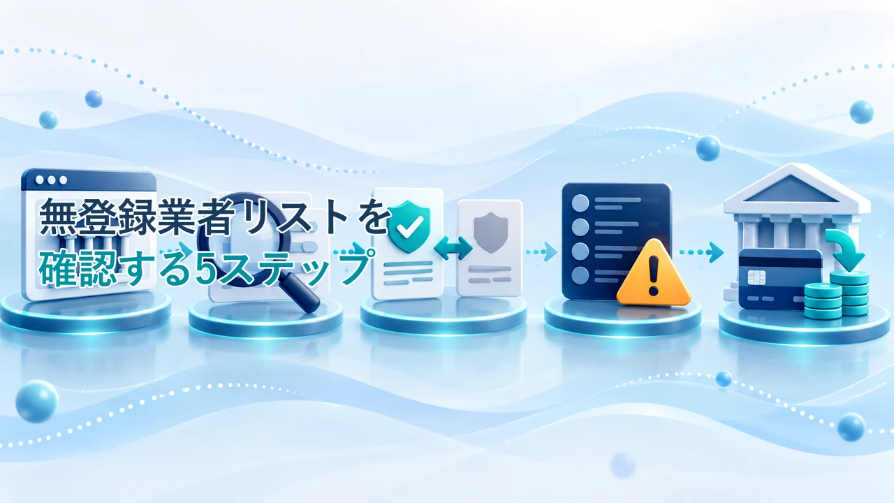 金融庁の無登録業者リストを確認する5ステップを示す図