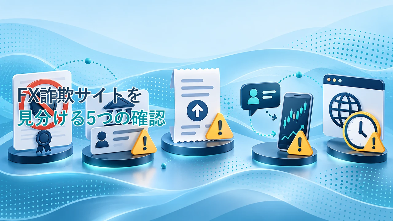 FX詐欺サイトを見分ける5つの確認を示す図