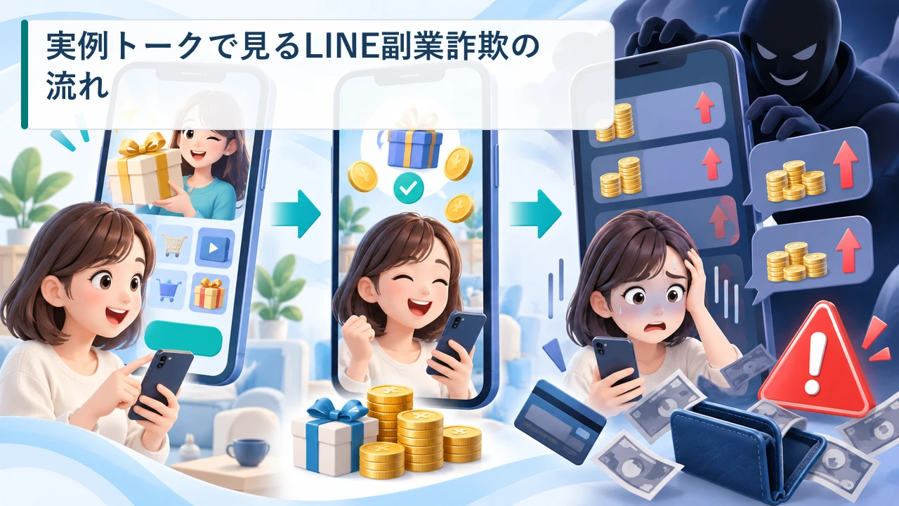 LINE副業詐欺が少額報酬から高額請求へ進む流れを示す図