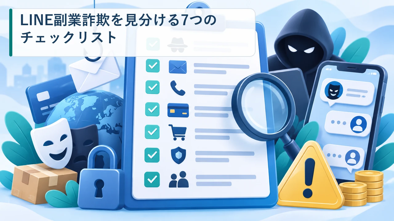 LINE副業詐欺を見分ける7つの確認項目を示す図