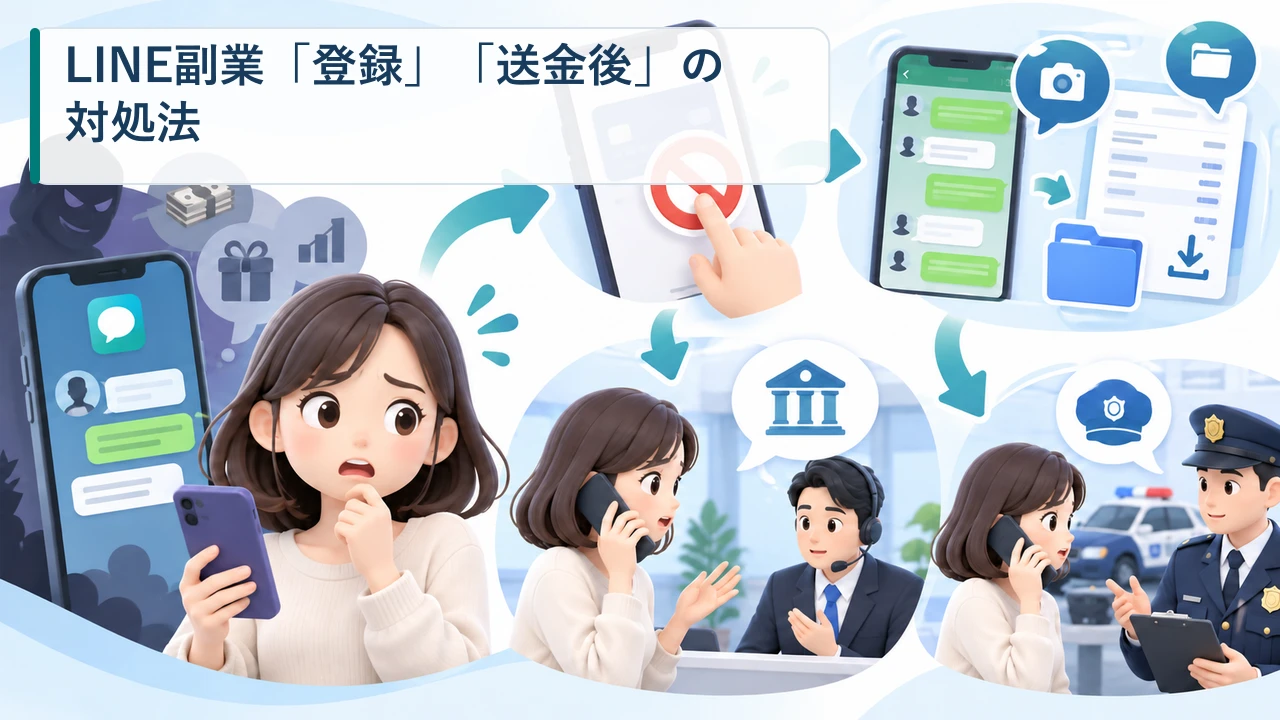 LINE副業へ登録・送金した後の証拠保存と連絡先を示す図