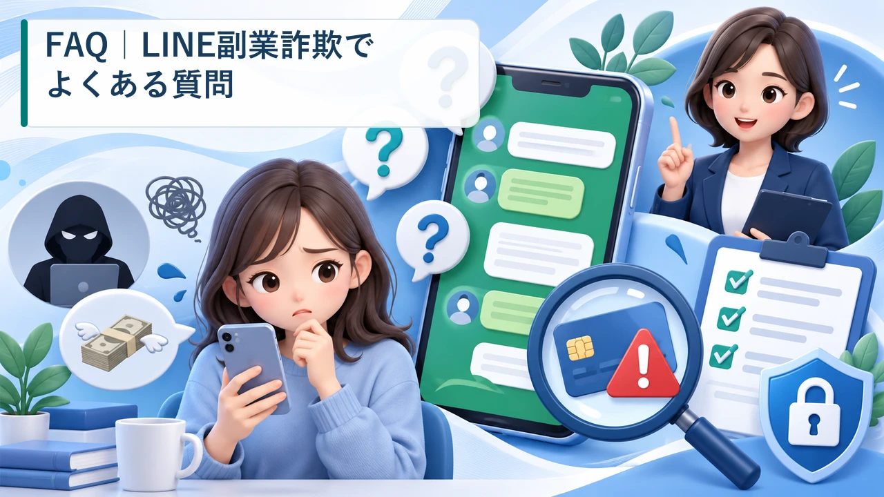 LINE副業詐欺のよくある質問と確認方法を示す図