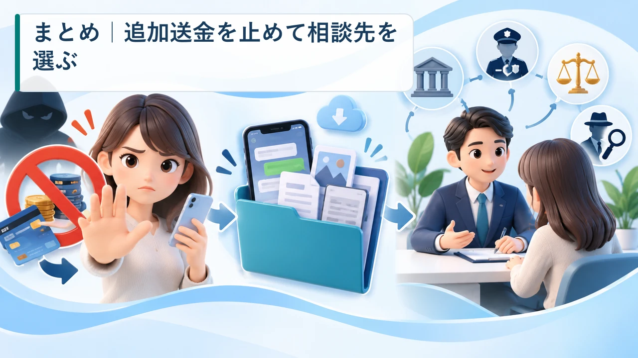 追加送金停止・証拠保存・相談先選択の流れを示す図
